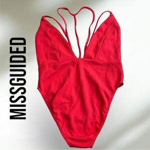 Missguided Red Plunge Bodysuit Strappy Size 2 Snap‎ Bottom
